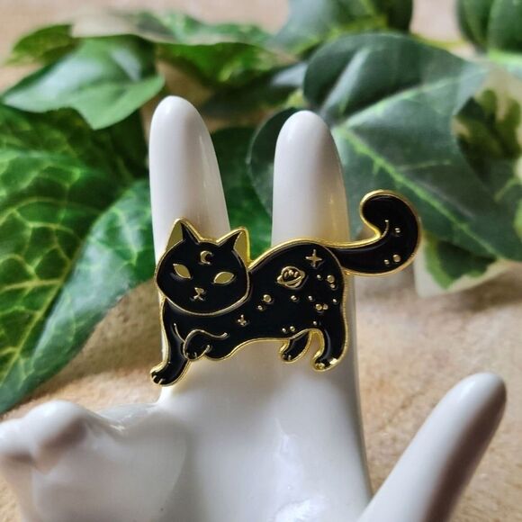 Black & Gold Cat Enamel Pin Mystical magical Spooky Cat Fashion pins Moon planet - Picture 10 of 11